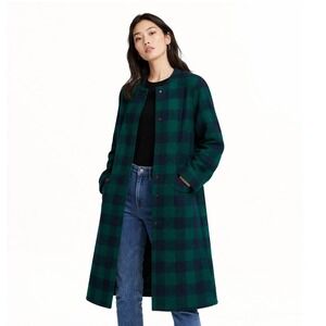 H&M Coat 8 Green Blue Plaid Felt Quilted Liner Long Line Full Zip Closure NEW